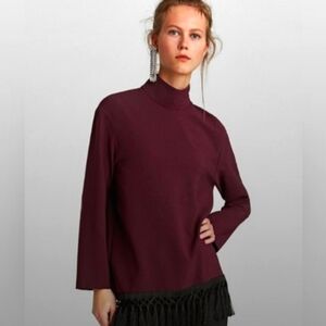 NWOT ZARA Burgundy Mock Neck Fringe Tassel Hem Top